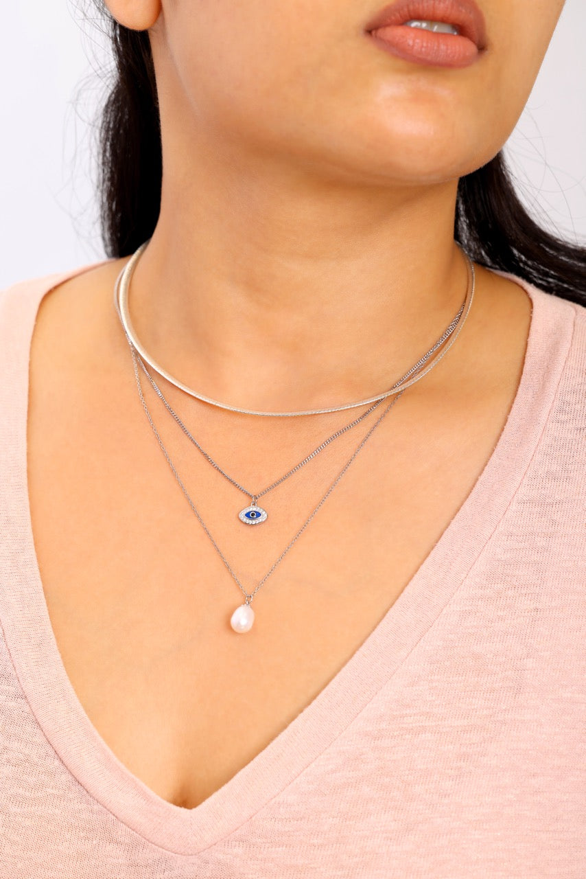 Evil Eye & Pearl Double Layer Necklace Set | 925 Sterling Silver