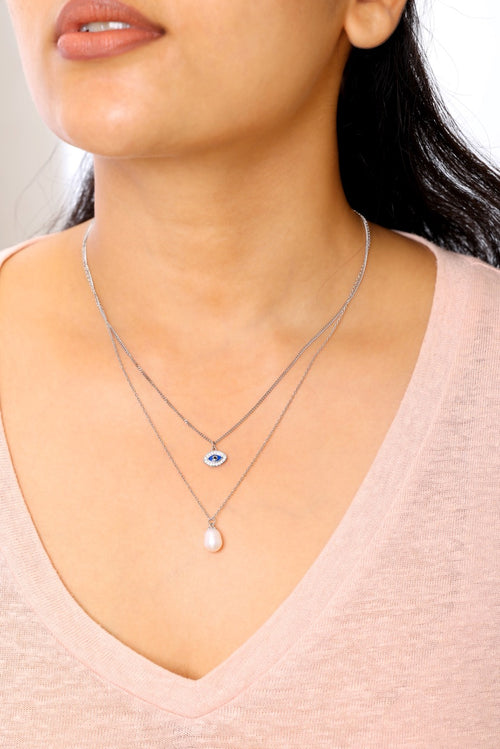 Evil Eye & Pearl Double Layer Necklace Set | 925 Sterling Silver
