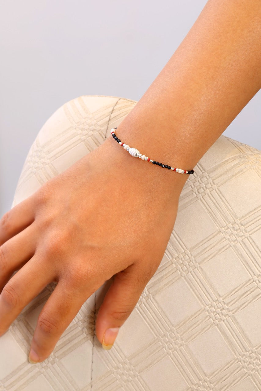Black Crystal & Silver Beaded Bracelet in 925 Sterling Silver