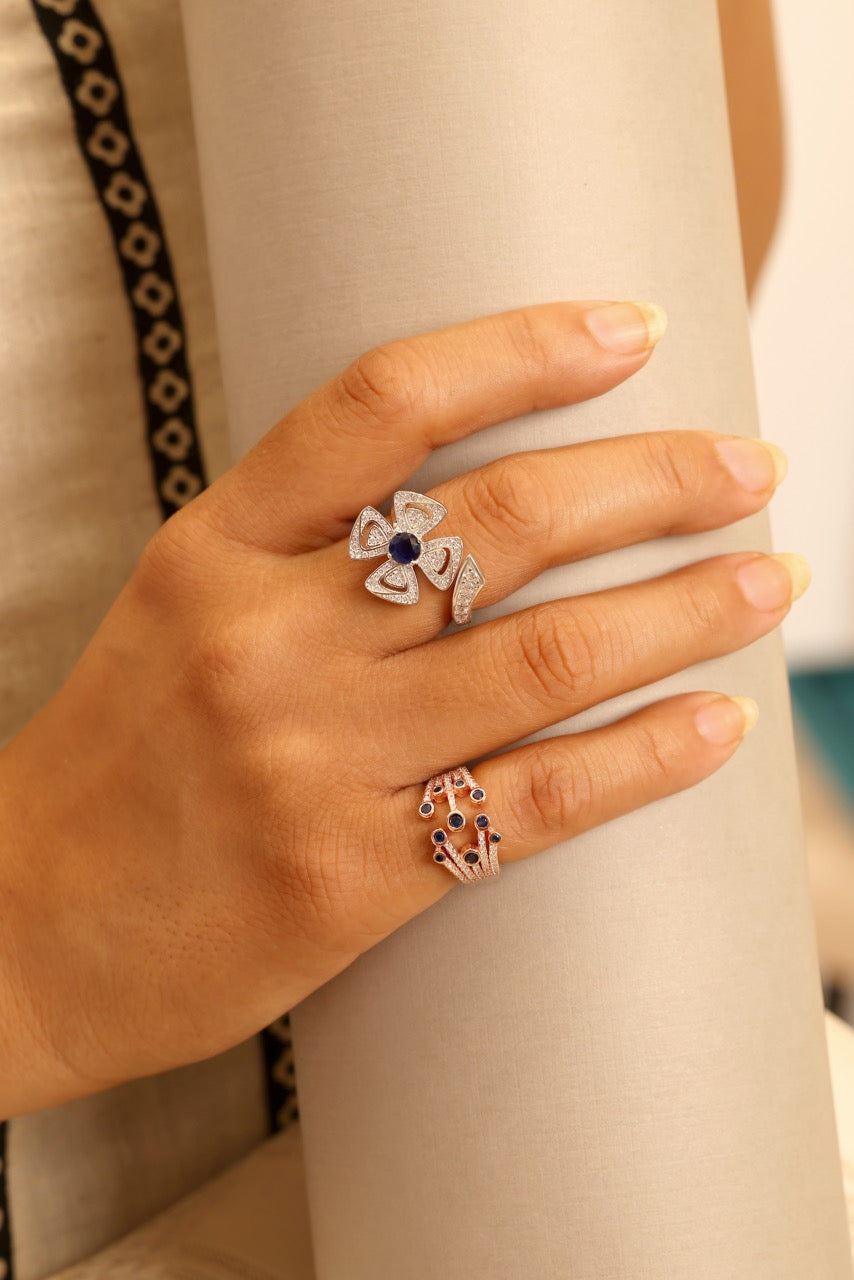 Blue Sapphire Floral CZ Open Ring