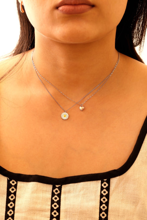 Daisy & Heart Charm Dual Layer Necklace Set in 925 Sterling Silver