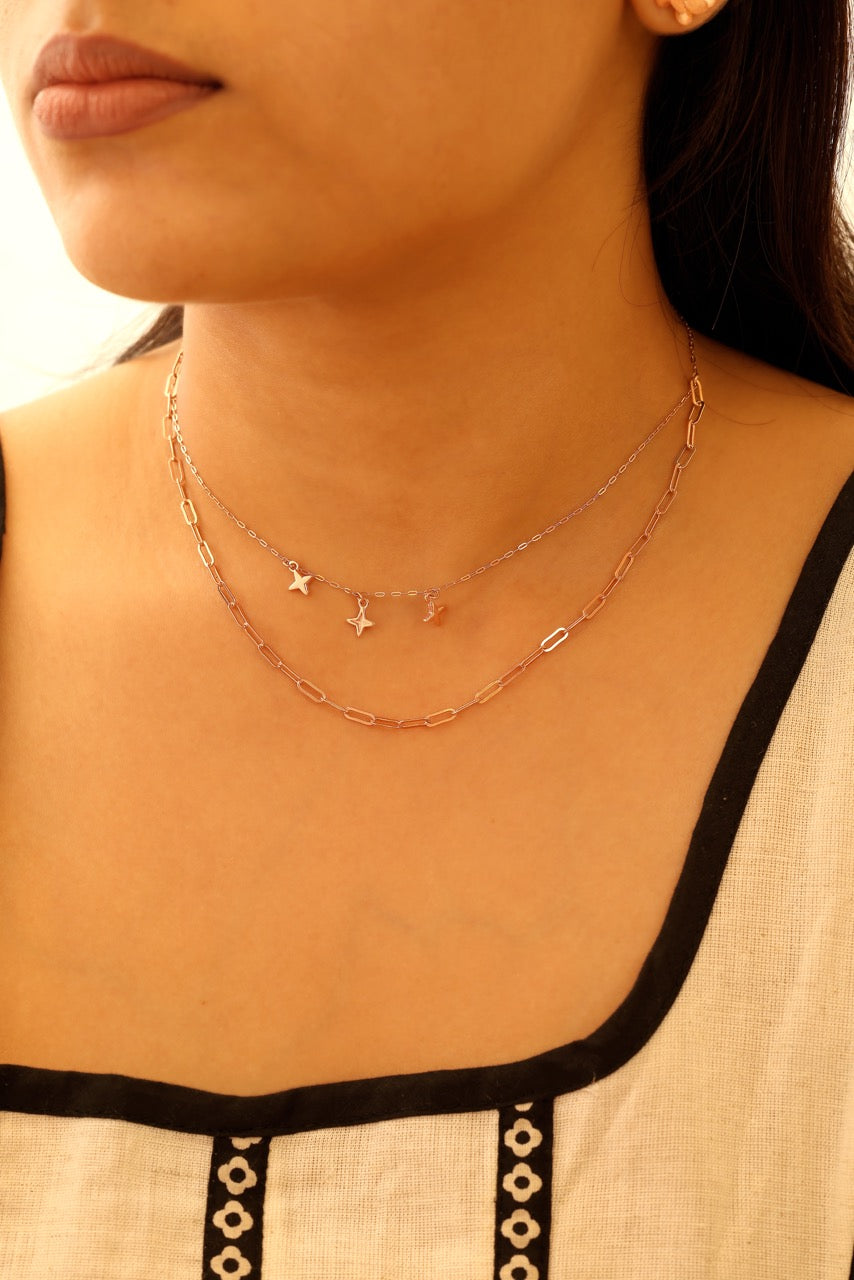 Star Charm Dual Layer Necklace Set in Rose Gold-Plated 925 Sterling Silver