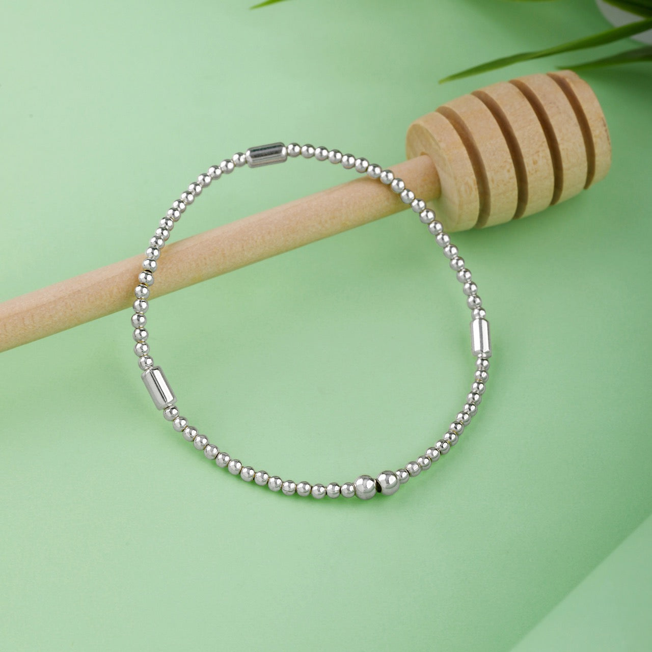 Silver Ball & Bar Beaded Stretch Bracelet in 925 Sterling Silver