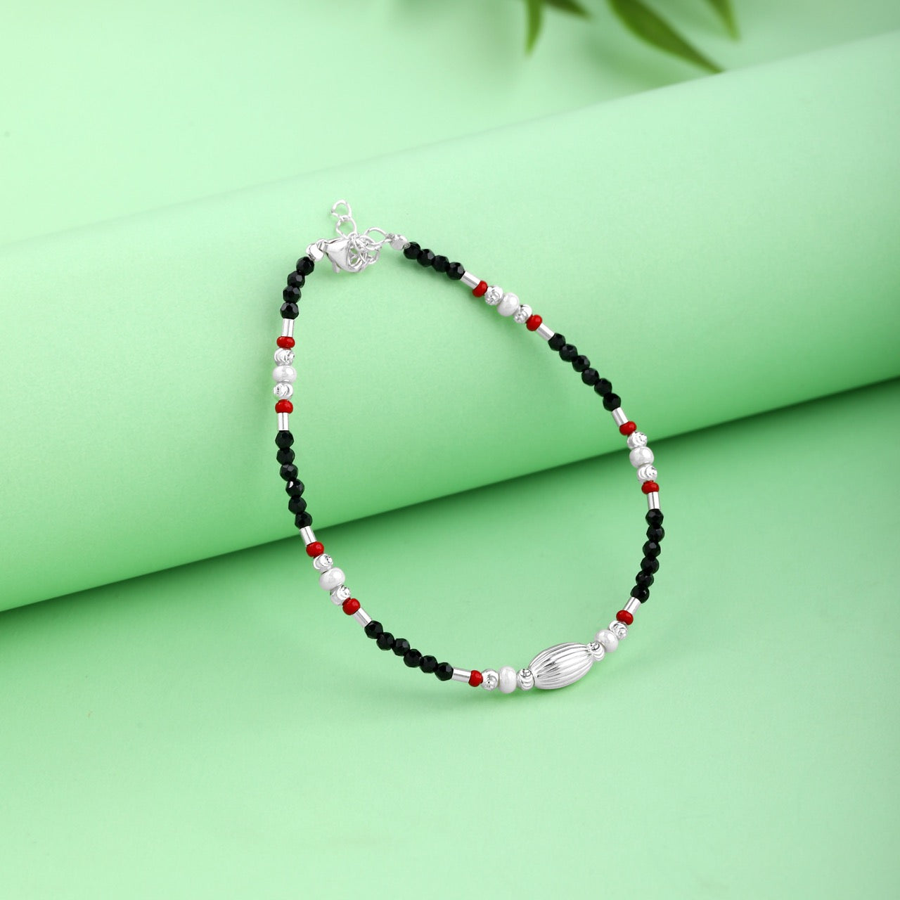 Black Crystal & Silver Beaded Bracelet in 925 Sterling Silver