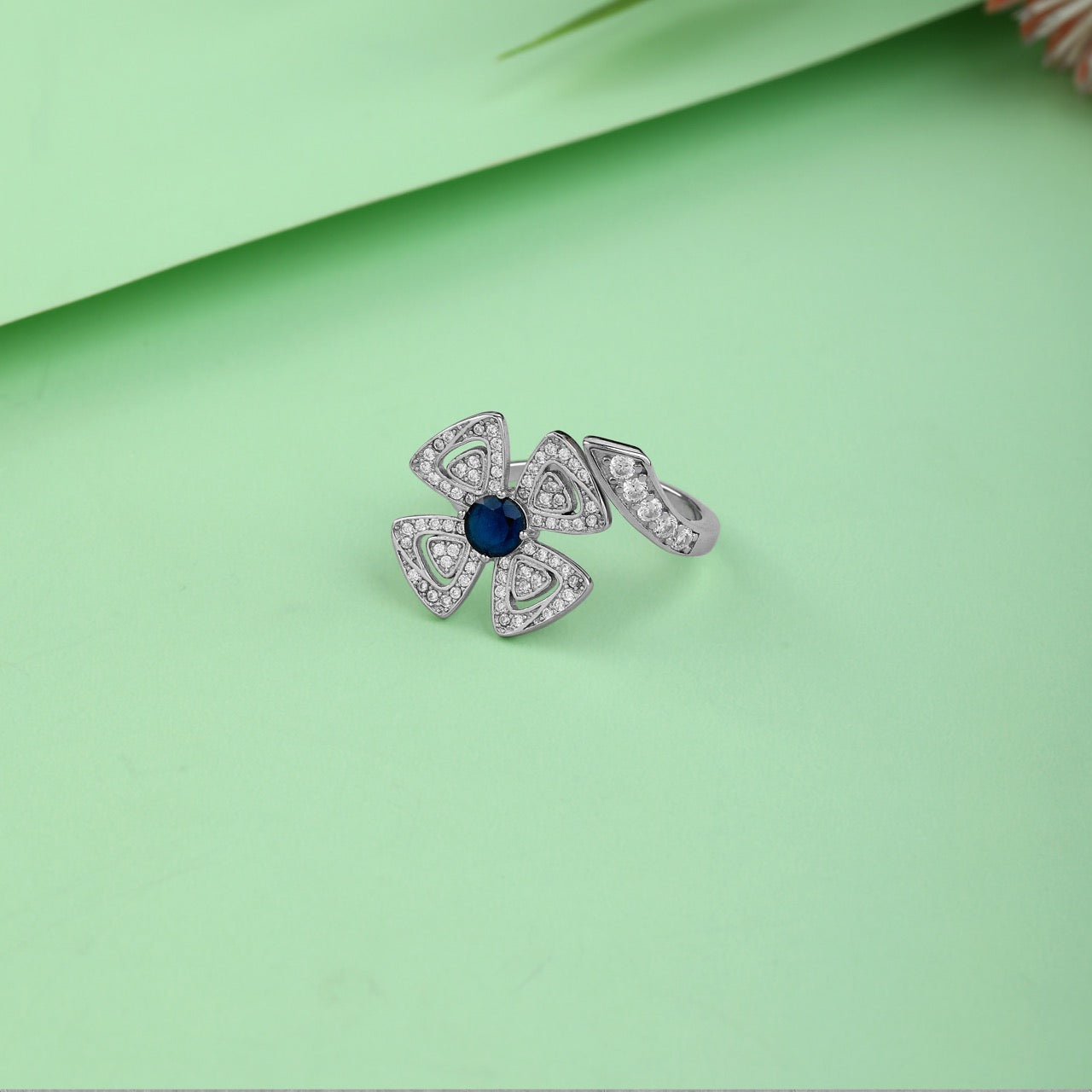 Blue Sapphire Floral CZ Open Ring