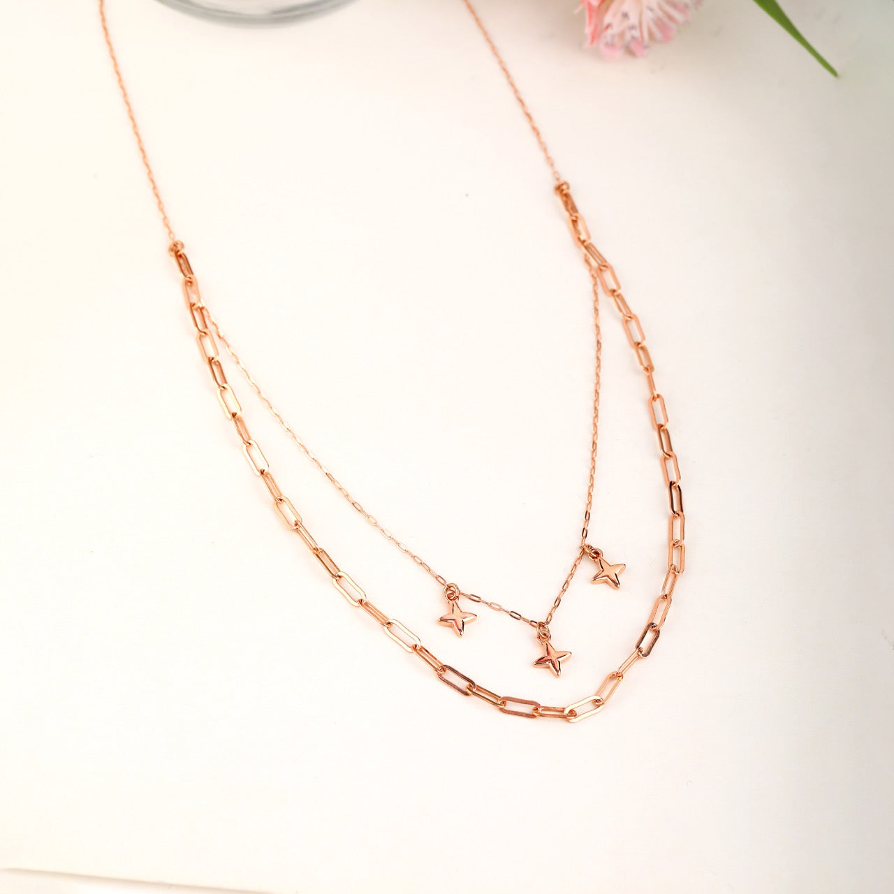 Star Charm Dual Layer Necklace Set in Rose Gold-Plated 925 Sterling Silver