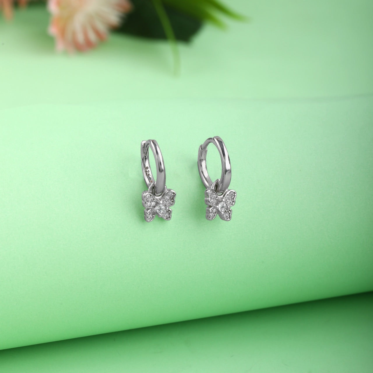 Crystal Butterfly Charm Hoop Earrings in 925 Sterling Silver