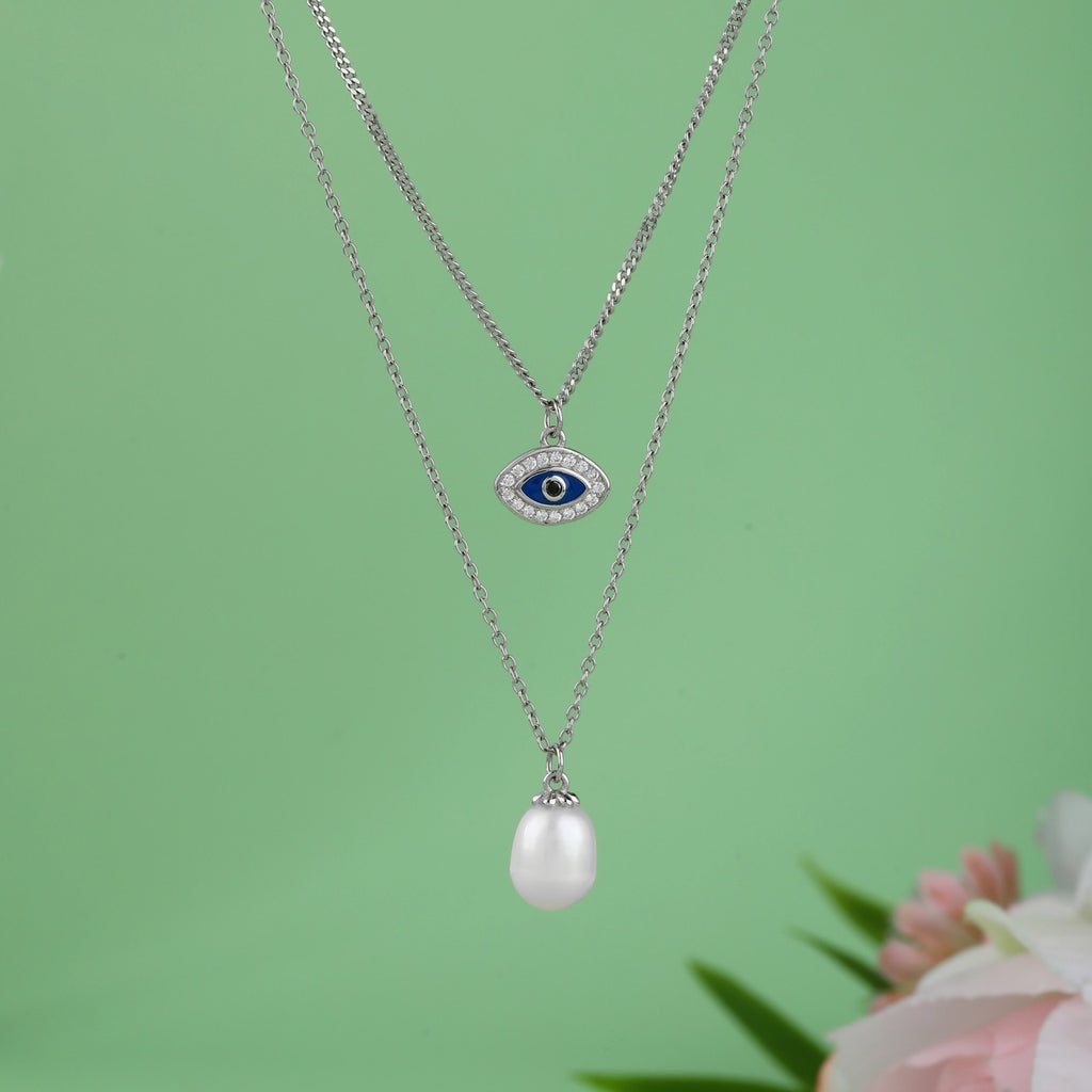 Evil Eye & Pearl Double Layer Necklace Set | 925 Sterling Silver