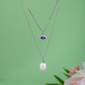 Evil Eye & Pearl Double Layer Necklace Set | 925 Sterling Silver