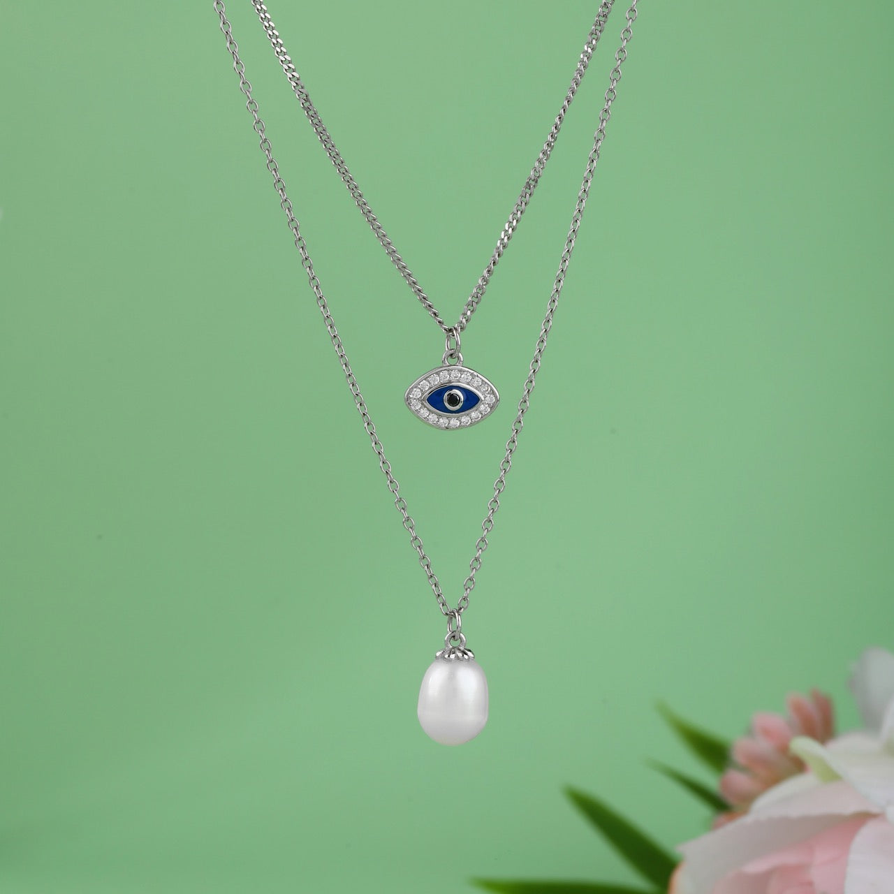 Evil Eye & Pearl Double Layer Necklace Set | 925 Sterling Silver