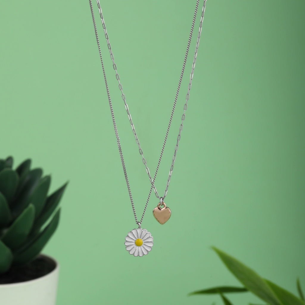 Daisy & Heart Charm Dual Layer Necklace Set in 925 Sterling Silver